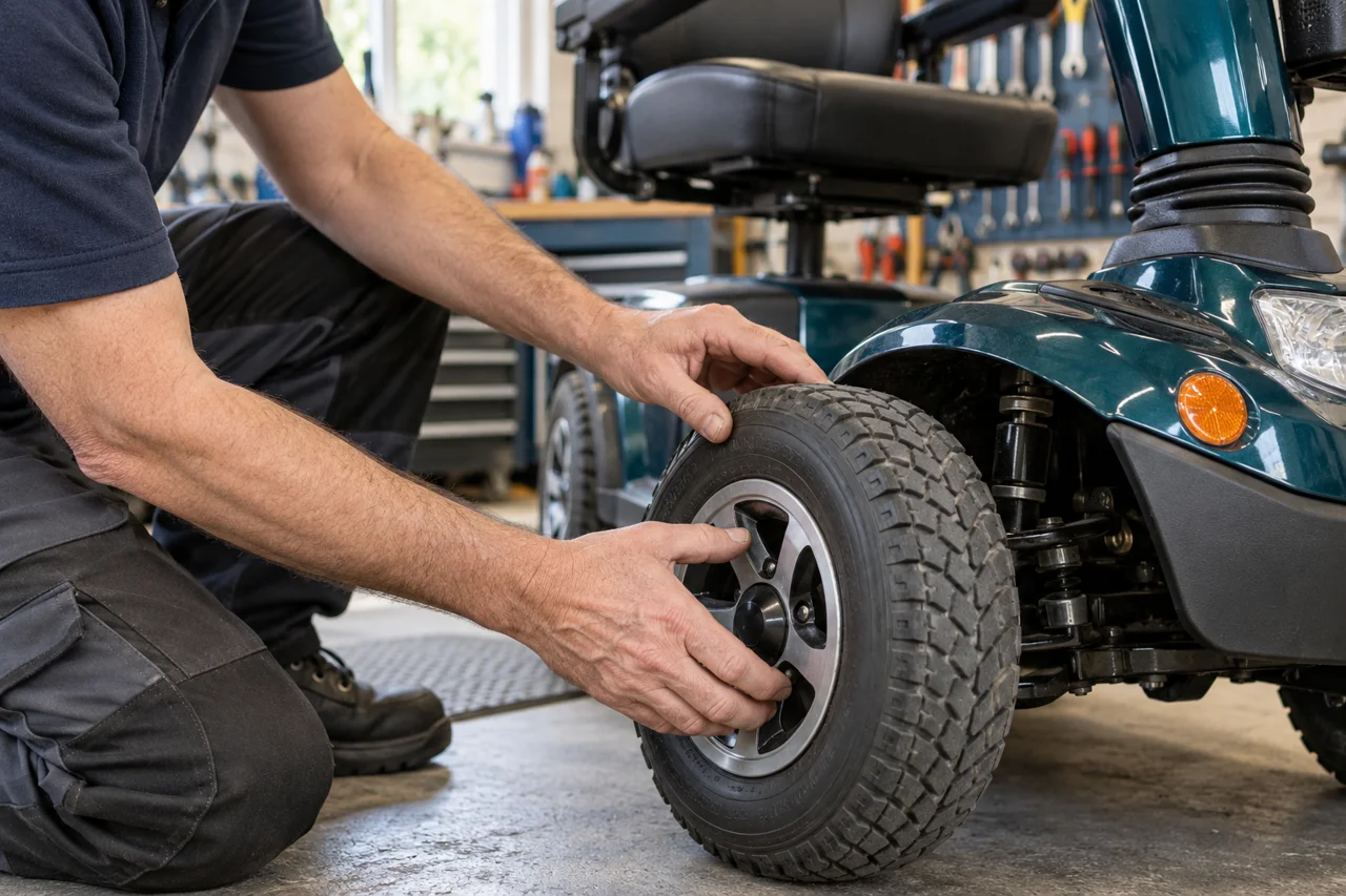 Technician’s hands inspecting a mobility scooter wheel