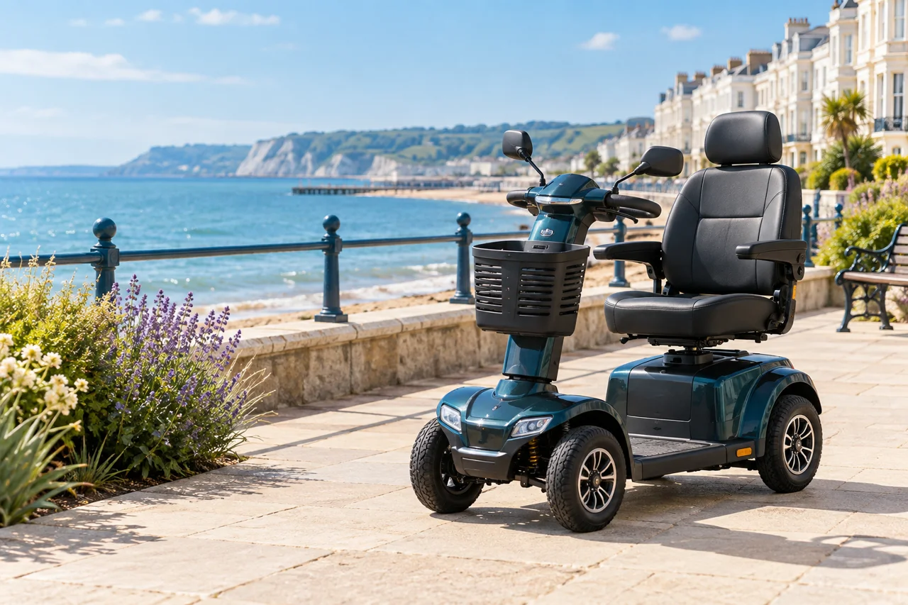 A dark teal mobility scooter on a sunny seaside promenade